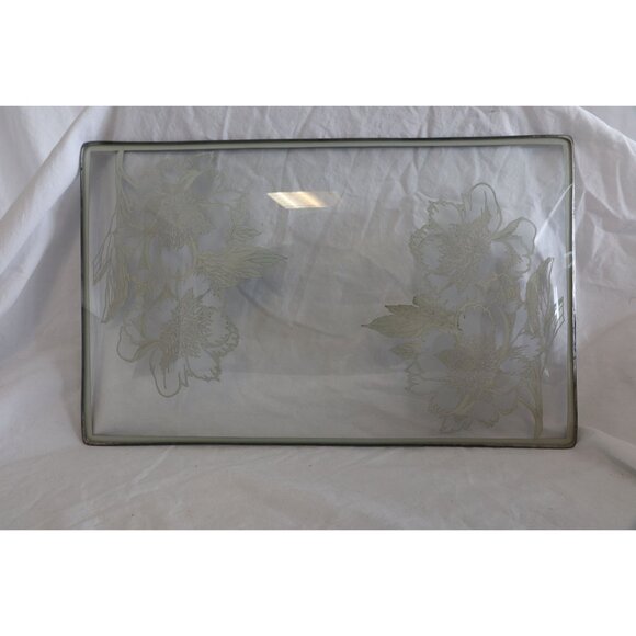 Vintage 1950's Gold Leaf Glass Floral Serving Tray With Gold Rim Rectangle Shape - Picture 3 of 3